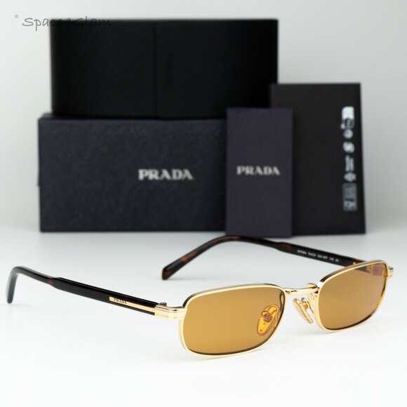 Prada Women Sunglasses Gold Honey Rectangle PRB54S 5AK50P NEW AUTHENTIC - Picture 1 of 13